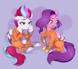 Size: 2263x1998 | Tagged: safe, artist:ls_skylight, edit, pipp petals, zipp storm, pegasus, pony, chains, chromatic aberration removal, clothes, commission, duo, duo female, female, g5, never doubt rainbowdash69's involvement, prison outfit, prisoner, royal sisters (g5), siblings, sisters