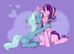 Size: 1898x1379 | Tagged: safe, artist:ls_skylight, edit, starlight glimmer, trixie, pony, unicorn, blushing, chest fluff, chromatic aberration removal, cute, daaaaaaaaaaaw, duo, eyes closed, female, heart, hug, lesbian, purple background, shipping, simple background, sitting, sketch, startrix