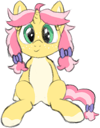 Size: 565x720 | Tagged: safe, artist:craftycirclepony, imported from derpibooru, oc, oc only, oc:crafty circles, pony, unicorn, bow, coat markings, cute, female, filly, foal, freckles, hair bow, looking at you, sitting, socks (coat markings), solo, spread legs, spreading