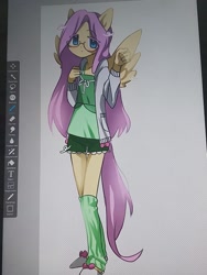 Size: 960x1280 | Tagged: source needed, safe, alternate version, artist:torugann, imported from derpibooru, fluttershy, human, pegasus, bow, clothes, gaiters, humanized, long hair, looking at you, shirt, shorts, slippers, solo, sweater, sweatershy, wings, wip