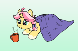 Size: 1272x834 | Tagged: safe, artist:craftycirclepony, imported from derpibooru, oc, oc only, oc:crafty circles, pony, unicorn, blanket, bow, chocolate, coat markings, cute, female, filly, foal, food, freckles, hair bow, hot chocolate, lying down, mug, prone, smiling, socks (coat markings)