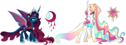 Size: 4656x1702 | Tagged: safe, artist:gihhbloonde, imported from derpibooru, oc, oc only, unnamed oc, changedling, changeling, changepony, hybrid, blue sclera, changedling oc, changeling oc, colored sclera, cousins, crown, duo, ethereal mane, eyeshadow, female, folded wings, frown, gradient mane, gradient tail, grin, hoof shoes, horn, horn ring, interspecies offspring, jewelry, lightly watermarked, long mane, long tail, magenta eyes, makeup, mare, not celestia, not luna, offspring, open mouth, parent:pharynx, parent:princess celestia, parent:princess luna, parent:thorax, parents:lunarynx, parents:thoralestia, pink sclera, ponytail, princess shoes, raised hoof, regalia, ring, siblings, sisters, smiling, sparkly mane, sparkly tail, sparkly wings, spread wings, standing, tail, teal eyes, transparent wings, turned head, watermark, wings