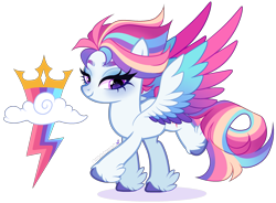 Size: 2609x1921 | Tagged: safe, artist:gihhbloonde, imported from derpibooru, oc, oc only, unnamed oc, pegasus, pony, closed mouth, colored hooves, colored wings, eyeshadow, female, gradient wings, implied g5, lavender eyes, lidded eyes, lightly watermarked, magical lesbian spawn, makeup, mare, multicolored hair, multicolored wings, offspring, parent:rainbow dash, parent:zipp storm, parents:zippdash, purple eyes, rainbow hair, rainbow wings, raised hoof, smiling, solo, spread wings, unshorn fetlocks, watermark, wings