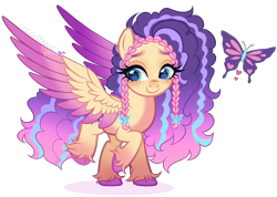 Size: 1867x1329 | Tagged: safe, artist:gihhbloonde, imported from derpibooru, oc, oc only, unnamed oc, pegasus, pony, braid, color porn, colored hooves, colored wings, dark belly, female, freckles, gradient legs, gradient mane, gradient tail, gradient wings, implied g5, large wings, lidded eyes, lightly watermarked, magical lesbian spawn, mare, offspring, parent:fluttershy, parent:misty brightdawn, parents:mistyshy, raised hoof, spread wings, tail, teal eyes, unshorn fetlocks, watermark, wings