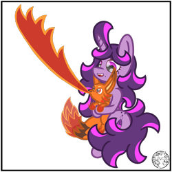 Size: 2000x2000 | Tagged: safe, artist:dice-warwick, imported from derpibooru, oc, oc:fizzy fusion pop, fox, pony, unicorn, female, fire, flamethrower, hug, mare, palworld, simple background, transparent background, weapon