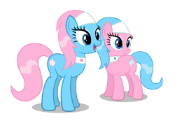 Size: 5057x3500 | Tagged: safe, artist:forsakensharikan, imported from derpibooru, aloe, lotus blossom, earth pony, pony, a friend in deed, closed mouth, duo, duo female, female, mare, open mouth, open smile, simple background, smiling, spa twins, transparent background, vector