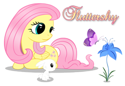 Size: 4328x3000 | Tagged: safe, artist:forsakensharikan, imported from derpibooru, angel bunny, fluttershy, butterfly, pegasus, pony, female, flower, folded wings, looking at something, lying down, mare, name, poison joke, prone, simple background, text, transparent background, vector, wings