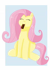 Size: 2480x3508 | Tagged: safe, imported from derpibooru, fluttershy, pegasus, pony, chocolate, eating, eyes closed, food, sitting, solo