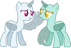 Size: 4125x2820 | Tagged: safe, artist:magicalbases, imported from derpibooru, alicorn, pony, bald, base, duo, duo female, female, folded wings, grin, horn, looking at each other, looking at someone, mare, simple background, smiling, smiling at each other, spread wings, touching face, transparent background, transparent horn, transparent wings, wing caress, wings