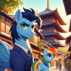 Size: 1024x1024 | Tagged: safe, imported from derpibooru, rainbow dash, soarin', ai content, ai generated, clothes, female, generator:bing image creator, japan, male, pagoda, prompter:*rainbow dash*, shipping, sky, soarindash, straight, street, suit