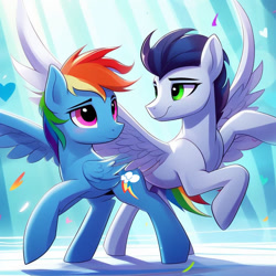 Size: 1024x1024 | Tagged: safe, imported from derpibooru, rainbow dash, soarin', ai content, ai generated, female, generator:bing image creator, looking at each other, looking at someone, male, prancing, prompter:*rainbow dash*, shipping, smiling, soarindash, spread wings, straight, wings