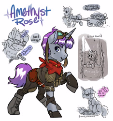 Size: 3470x3712 | Tagged: safe, artist:opalacorn, imported from derpibooru, oc, oc only, oc:amethyst rose, pony, unicorn, armor, bandana, boots, cart, clothes, commission, goggles, goggles on head, magic, male, pulling, shoes, simple background, smiling, solo, stallion, telekinesis, white background, wrench