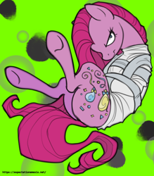 Size: 896x1024 | Tagged: safe, artist:expectationemesis, imported from derpibooru, pinkie pie, earth pony, pony, abstract background, angry, bondage, curled up, female, frown, insanity, kubrick stare, looking at you, lying down, mare, neon background, on back, pinkamena diane pie, solo, straitjacket, underhoof