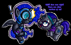 Size: 1280x807 | Tagged: safe, artist:darkone10, artist:legaspingman, imported from derpibooru, nightmare moon, oc, oc:nyx, alicorn, pony, alicorn oc, armor, black background, boots, chestplate, clothes, cute, dream realm, dream walker, dreamscape, duo, duo female, exclamation point, female, filly, floating, foal, glasses, hairband, headband, helmet, horn, nightmare woon, nyxabetes, ocbetes, peytral, self paradox, self ponidox, shocked, shocked expression, shoes, simple background, text, the fun has been doubled, tumblr:asktwilyandwoon, vest, wings