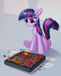 Size: 959x1200 | Tagged: safe, artist:breakdream, imported from derpibooru, twilight sparkle, pony, annoyed, board game, chest fluff, dragon pit, one ear down, solo, volcano