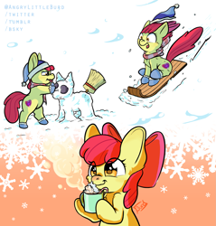 Size: 1817x1900 | Tagged: safe, artist:angrylittleburd, imported from derpibooru, apple bloom, earth pony, pony, bipedal, broom, candy, candy cane, chocolate, christmas, clothes, female, filly, foal, food, hat, holiday, hoof hold, hot chocolate, marshmallow, orange background, rock, scarf, secret santa, simple background, sled, smiling, snow, snowflake, snowpony, socks, solo, text, winter