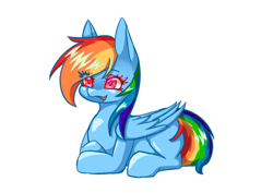 Size: 1263x893 | Tagged: safe, artist:bogx, imported from derpibooru, rainbow dash, pegasus, pony, eye clipping through hair, eyebrows, female, folded wings, lying down, mare, open mouth, open smile, prone, simple background, smiling, solo, white background, wings