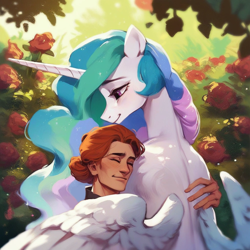 Size: 1024x1024 | Tagged: prompter needed, source needed, safe, imported from derpibooru, princess celestia, alicorn, human, pony, ai content, ai generated, flower, garden, generator:purplesmart.ai, generator:stable diffusion, hug, human on pony snuggling, rose, smiling, snuggling