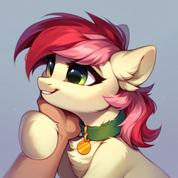 Size: 1024x1024 | Tagged: safe, imported from derpibooru, roseluck, human, pony, ai content, ai generated, behaving like a cat, bust, collar, fluffy, generator:purplesmart.ai, generator:stable diffusion, hand, human on pony petting, offscreen character, offscreen human, pet tag, petting, pony pet, portrait, prompter:doom9454, rosepet