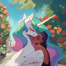 Size: 1024x1024 | Tagged: prompter needed, source needed, safe, imported from derpibooru, princess celestia, alicorn, human, pony, ai content, ai generated, eyes closed, flower, garden, generator:purplesmart.ai, generator:stable diffusion, hug, human on pony snuggling, rose, sky, smiling, snuggling