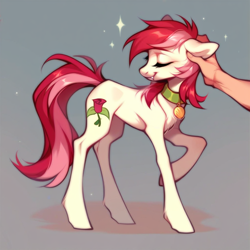 Size: 1024x1024 | Tagged: safe, imported from derpibooru, roseluck, human, pony, ai content, ai generated, behaving like a cat, collar, cute, eyes closed, fangs, fluffy, generator:purplesmart.ai, generator:stable diffusion, hand, human on pony petting, offscreen character, offscreen human, pet tag, petting, pony pet, prompter:doom9454, rosepet, standing