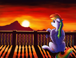 Size: 1800x1400 | Tagged: safe, artist:blankedsoul, imported from derpibooru, pegasus, balcony, sitting, solo, sunrise, sunset