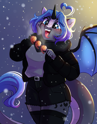 Size: 2353x3000 | Tagged: safe, artist:melodylibris, imported from derpibooru, oc, oc only, anthro, dracony, dragon, hybrid, pony, shrimp, blushing, clothes, female, hand on cheek, high res, horn, jacket, kebab, mare, open mouth, open smile, secret santa, skirt, smiling, snow, snowfall, socks, solo, spread wings, stockings, thigh highs, wings