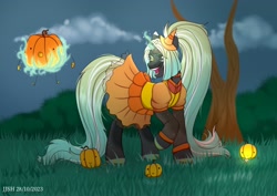 Size: 2560x1810 | Tagged: safe, artist:jjsh, imported from derpibooru, oc, oc only, pony, unicorn, black fur, bush, cap, clothes, cloud, dress, evil, female, grass, halloween, hat, high res, holiday, horn, long hair, long mane, magic, magic aura, mare, net, open mouth, pumpkin, sky, solo, tail, teeth, tree, turned head, veil