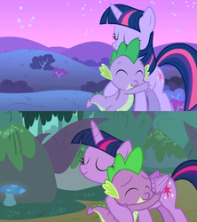 Size: 781x879 | Tagged: safe, imported from derpibooru, screencap, spike, twilight sparkle, alicorn, dragon, unicorn, molt down, owl's well that ends well, comparison, hug, sibling love, siblings, spikelove, twilight sparkle (alicorn), unicorn twilight, winged spike, wings