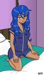 Size: 1335x2286 | Tagged: safe, artist:banquo0, imported from derpibooru, princess luna, human, bed, clothes, female, humanized, kneeling, looking at you, on bed, pajamas, shorts, solo