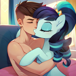 Size: 1280x1280 | Tagged: safe, artist:e1quimico, imported from ponybooru, coloratura, human, pony, ai generated, clothes, eyelashes, female, hug, human on pony action, interspecies, kiss on the lips, kissing, male, mare, partial nudity, straight, topless