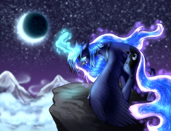 Size: 2600x2000 | Tagged: safe, artist:not-ordinary-pony, derpibooru exclusive, imported from derpibooru, princess luna, alicorn, crying, female, glowing, glowing horn, glowing mane, horn, mare, moon, night, night sky, sky, solo, wings, wings down