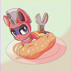 Size: 1700x1700 | Tagged: safe, artist:trackheadtherobopony, imported from derpibooru, oc, oc:trackhead, pony, robot, robot pony, food, giant food, hot dog, looking at you, meat, sausage, solo, unamused