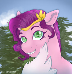 Size: 2099x2160 | Tagged: safe, artist:jjsh, imported from derpibooru, pipp petals, pegasus, pony, cloud, crown, female, fluffy, fluffy wings, g5, green eyes, high res, jewelry, looking at you, mare, purple mane, regalia, sky, smiling, solo, spruce tree, teeth, tree, wings