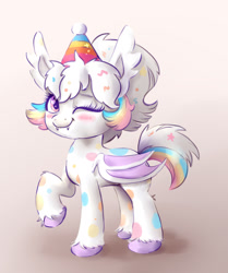 Size: 1580x1894 | Tagged: safe, artist:nedemai, imported from derpibooru, oc, oc only, oc:confetti cupcake, bat pony, pony, bat pony oc, bat wings, blushing, female, gradient background, hat, looking at you, mare, one eye closed, party hat, solo, unshorn fetlocks, wings, wink, winking at you