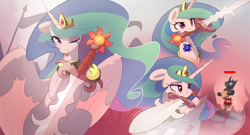 Size: 4100x2206 | Tagged: safe, artist:nookprint, imported from derpibooru, princess celestia, alicorn, changeling, pony, dummy, female, lidded eyes, looking at you, mare, mouth hold, one eye closed, runescape, sword, tongue out, weapon, wink, winking at you