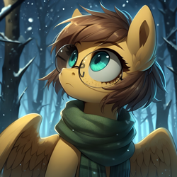 Size: 2048x2048 | Tagged: prompter needed, safe, derpibooru exclusive, imported from derpibooru, oc, oc only, oc:yuris, pegasus, pony, ai content, ai generated, clothes, female, forest, glasses, looking back, nature, night, scarf, solo, tree, winter