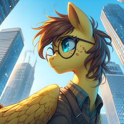 Size: 2048x2048 | Tagged: prompter needed, safe, derpibooru exclusive, imported from derpibooru, oc, oc only, oc:yuris, pegasus, pony, ai content, ai generated, city, female, glasses, looking back, solo