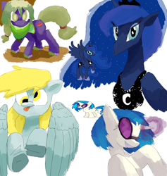 Size: 2843x3000 | Tagged: safe, imported from derpibooru, derpy hooves, dj pon-3, princess luna, vinyl scratch, alicorn, earth pony, pegasus, pony, unicorn, female, magic, mare, painting