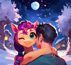 Size: 1280x1168 | Tagged: safe, artist:e1quimico, imported from ponybooru, sunny starscout, anthro, human, ai content, ai generated, cute, eyelashes, female, g5, hug, male, mare, snow, straight, winter