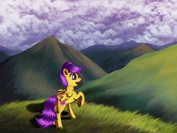 Size: 2000x1500 | Tagged: safe, artist:blankedsoul, imported from derpibooru, scootaloo, pegasus, female, filly, foal, mountain, scenery, solo