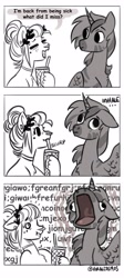Size: 1834x4096 | Tagged: safe, artist:opalacorn, imported from derpibooru, oc, oc only, oc:silver stream, oc:void, pegasus, pony, zebra, zebracorn, comic, dialogue, drink, duo, duo male and female, female, grayscale, hoof hold, male, mare, monochrome, open mouth, simple background, stallion, volumetric mouth, white background