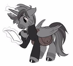 Size: 3523x3171 | Tagged: safe, artist:opalacorn, imported from derpibooru, oc, oc only, oc:silver stream, zebra, zebracorn, bag, glowing, glowing horn, horn, levitation, looking at something, magic, male, saddle bag, solo, stallion, telekinesis