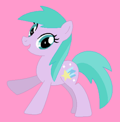 Size: 365x373 | Tagged: safe, artist:selenaede, artist:sillykids63, earth pony, pony, alternate universe, aura (g4), aurabetes, base used, cute, female, g4, mare, older, older aura (g4), open mouth, open smile, pink background, raised arm, simple background, smiling, solo