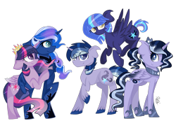 Size: 3264x2300 | Tagged: safe, artist:gallantserver, imported from derpibooru, princess luna, twilight sparkle, oc, oc:artemis (gallantserver), oc:harmony (gallantserver), oc:nyx (gallantserver), alicorn, pegasus, pony, unicorn, alicorn oc, alternate hairstyle, blue eyes, braid, closed mouth, colored hooves, colored wings, crown, ethereal hair, ethereal mane, ethereal tail, female, floppy ears, flying, folded wings, gradient mane, gradient tail, gradient wings, group, hoof shoes, horn, jewelry, lesbian, magical lesbian spawn, male, mare, mother and child, mother and daughter, mother and son, mouth on side of face, multiple characters, offspring, parent:princess luna, parent:twilight sparkle, parents:twiluna, pegasus oc, peytral, ponytail, princess shoes, purple eyes, quintet, raised hoof, regalia, shipping, siblings, simple background, sisters, smiling, sparkly mane, sparkly tail, spread wings, stallion, standing, tail, tiara, transparent background, twilight sparkle (alicorn), twiluna, unicorn oc, unshorn fetlocks, wings, yellow eyes