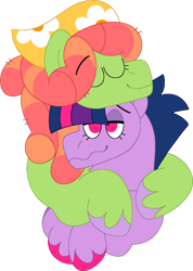 Size: 1280x1800 | Tagged: safe, artist:lepoppeta, imported from derpibooru, tree hugger, twilight sparkle, alicorn, earth pony, pony, bust, crack shipping, duo, duo female, eyes closed, female, high, hug, lesbian, lidded eyes, mare, shipping, simple background, smiling, transparent background, twihugger, twilight sparkle (alicorn), unshorn fetlocks, wavy mouth