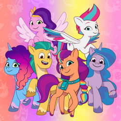 Size: 320x320 | Tagged: safe, imported from derpibooru, hitch trailblazer, izzy moonbow, pipp petals, sunny starscout, zipp storm, 2d, cover, g5, looking at you, misty brightdawn, my little pony: tell your tale, official, raised hoof, smiling, smiling at you, spotify, standing