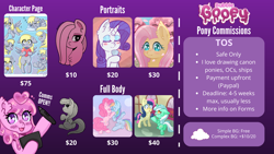 Size: 5500x3100 | Tagged: safe, artist:bubblegooey, imported from derpibooru, bon bon, derpy hooves, fluttershy, lyra heartstrings, octavia melody, pinkie pie, rainbow dash, rarity, sweetie drops, oc, oc:bubblegooey, earth pony, pegasus, pony, unicorn, advertisement, advertising, bust, commission, commission example, commission info, commissions open, cute, digital art, expressions, female, full body, logo, looking at each other, looking at someone, mare, pinkamena diane pie, portrait, price sheet, prices