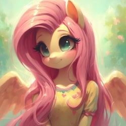 Size: 1024x1024 | Tagged: safe, imported from derpibooru, fluttershy, anthro, pegasus, ai content, ai generated, big head, blushing, bust, cute, female, mare, prompter:amber2024, shyabetes, smiling, solo, spread wings, wings