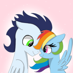 Size: 1400x1400 | Tagged: safe, artist:mrsdashskies, imported from derpibooru, rainbow dash, soarin', pegasus, pony, female, looking at each other, looking at someone, male, mare, shipping, smiling, smiling at each other, soarindash, stallion, straight